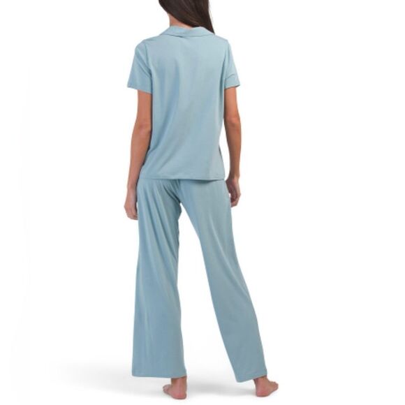 CK L Slate Seafoam Blue Modal Blend Notched Collar Short Sleeve Top Wide Leg PJ - Picture 2 of 16